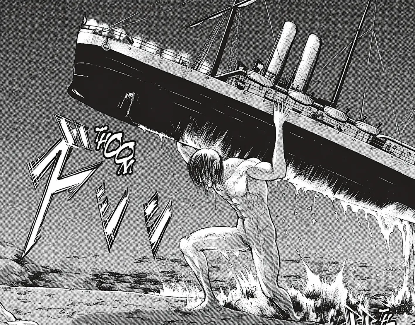 A thumbnail of Eren from Attack on Titan carrying a ship on his back